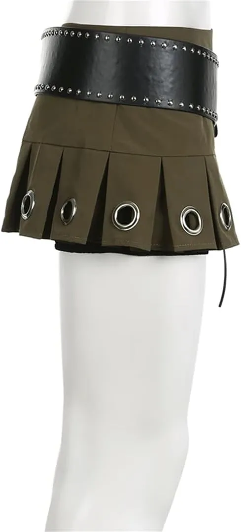 Women's Chic Eyelet Hole Pleated Super Short with Belt Sexy A-Line Skirts Punk Style Vintage Skirt