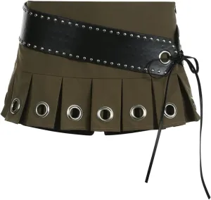 Women's Chic Eyelet Hole Pleated Super Short with Belt Sexy A-Line Skirts Punk Style Vintage Skirt