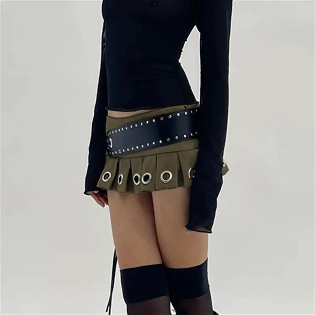 Women's Chic Eyelet Hole Pleated Super Short with Belt Sexy A-Line Skirts Punk Style Vintage Skirt