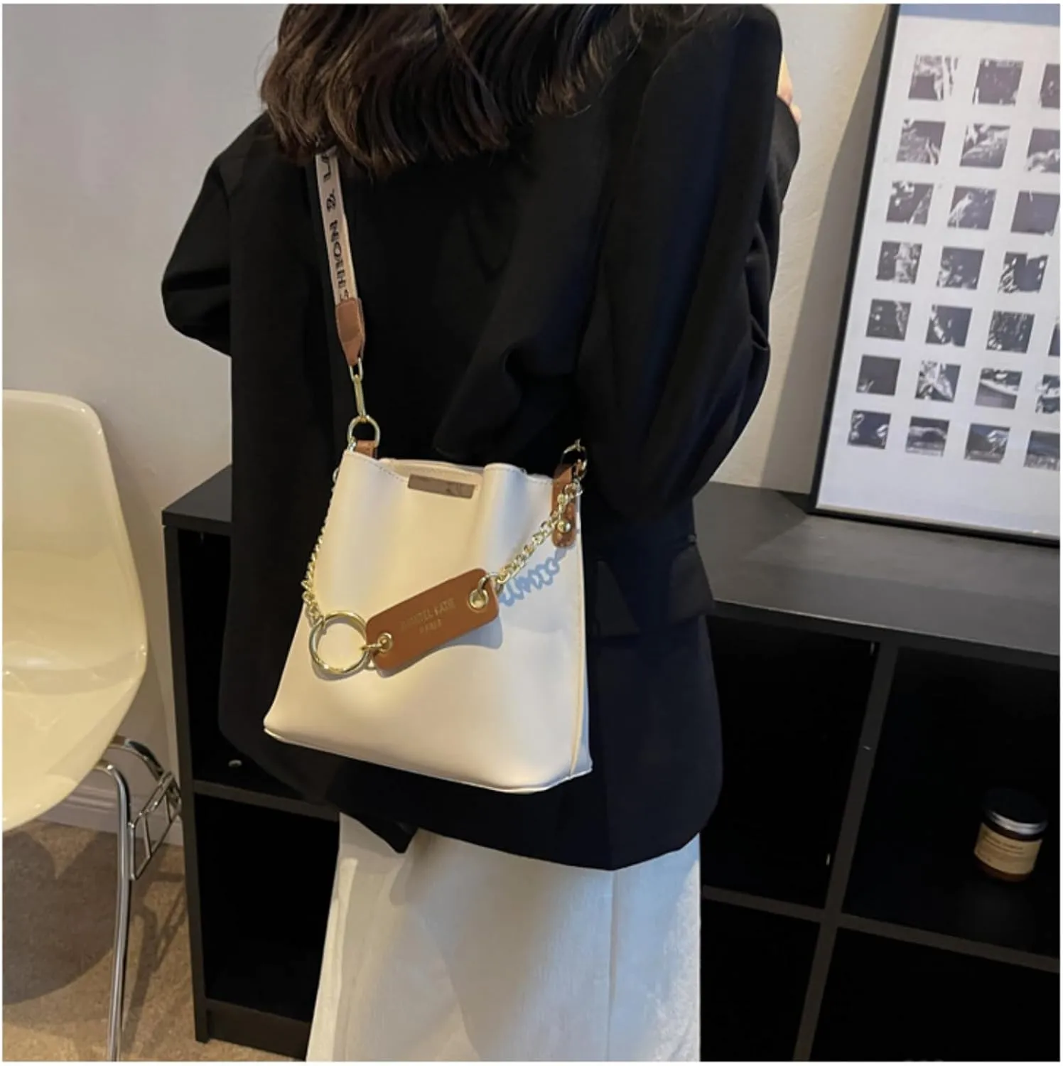 Women's Chic Large Capacity Bucket Bag - Fashionable Wide Strap, Pure Color Design, Travel & Daily Commute