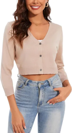 Women's Cropped Cardigan Sweater Crew Neck Button Down 3/4 Sleeve Soft Knit Bolero Shrugs