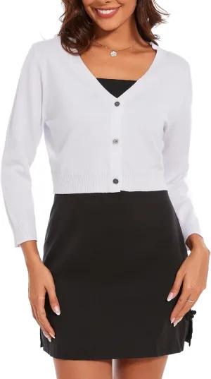 Women's Cropped Cardigan Sweater Crew Neck Button Down 3/4 Sleeve Soft Knit Bolero Shrugs