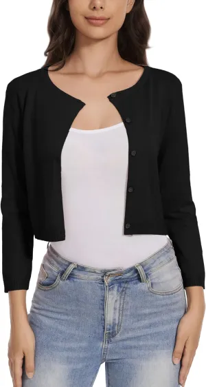 Women's Cropped Cardigan Sweater Crew Neck Button Down 3/4 Sleeve Soft Knit Bolero Shrugs