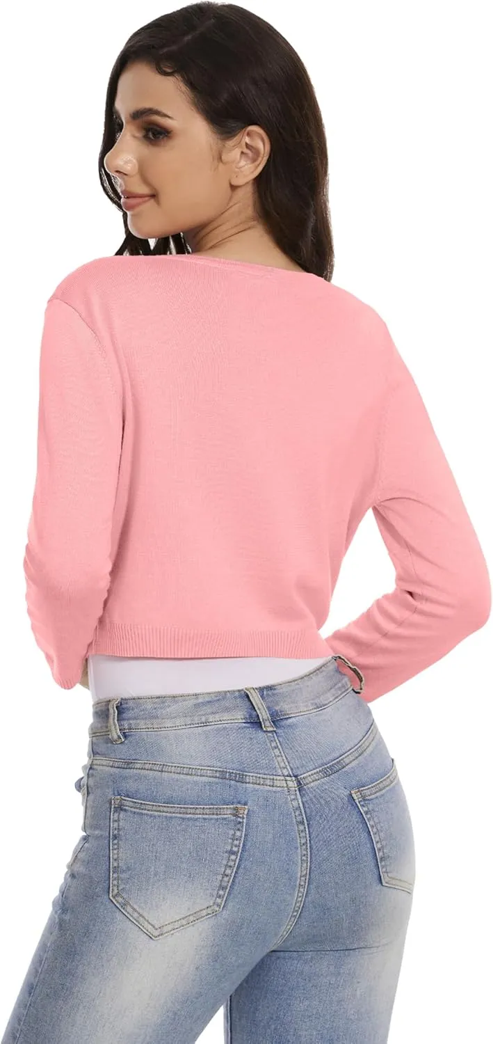 Women's Cropped Cardigan Sweater Crew Neck Button Down 3/4 Sleeve Soft Knit Bolero Shrugs