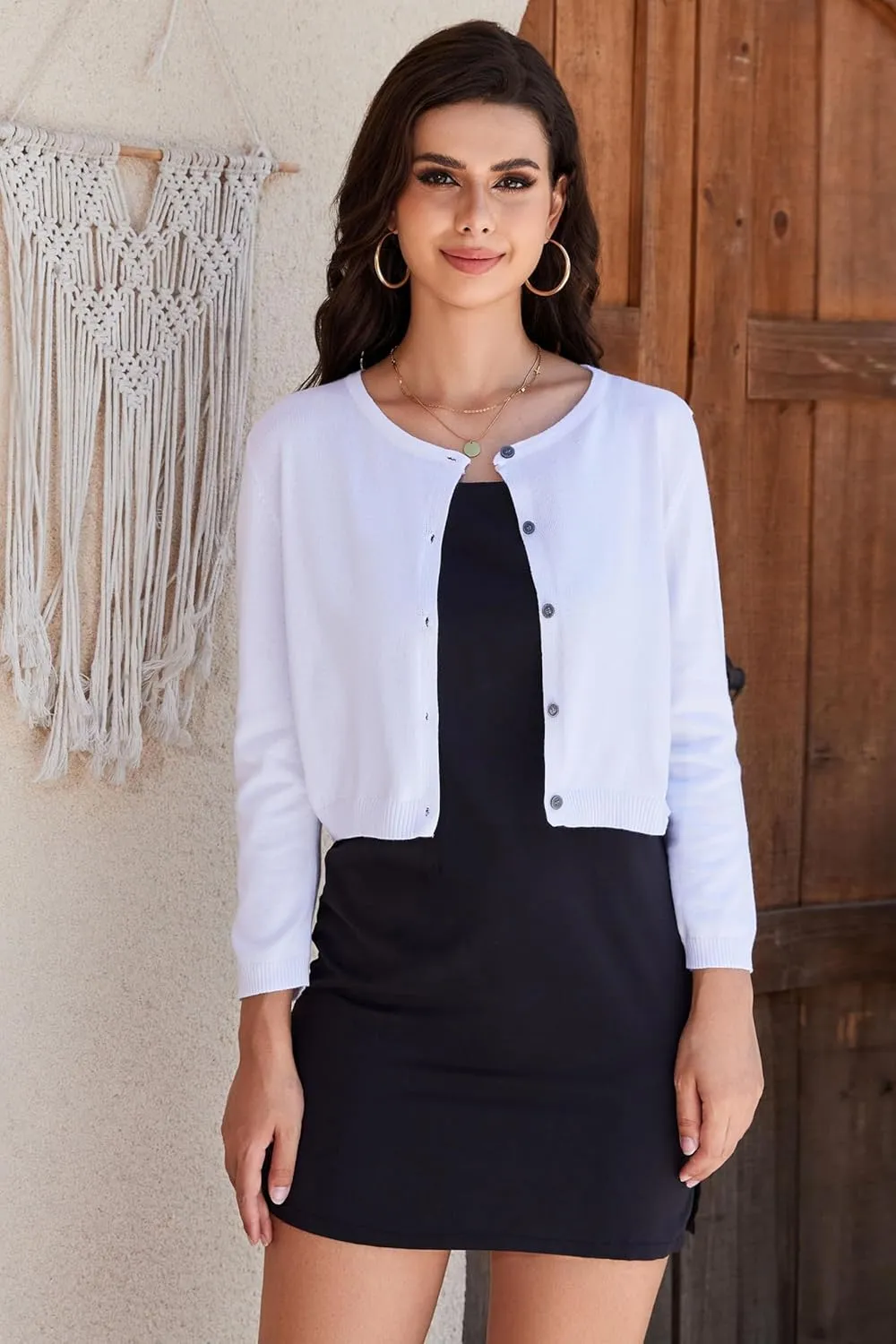 Women's Cropped Cardigan Sweater Crew Neck Button Down 3/4 Sleeve Soft Knit Bolero Shrugs