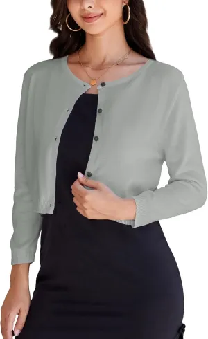 Women's Cropped Cardigan Sweater Crew Neck Button Down 3/4 Sleeve Soft Knit Bolero Shrugs