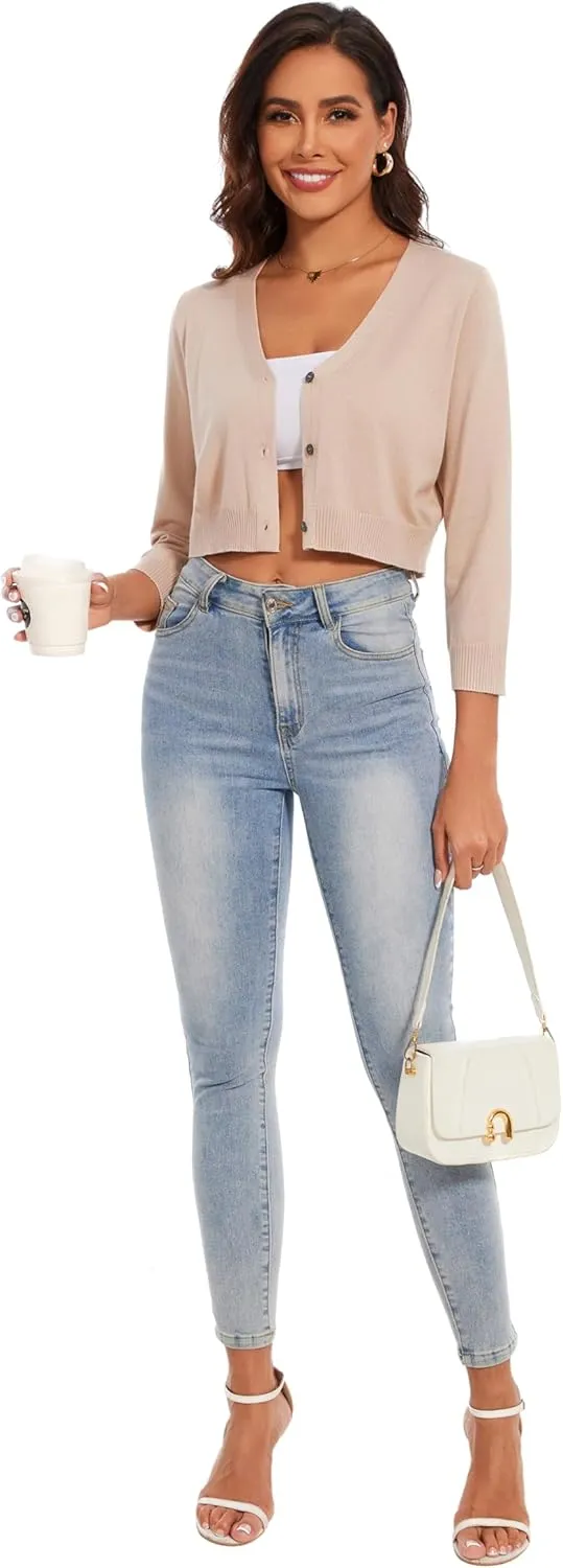 Women's Cropped Cardigan Sweater Crew Neck Button Down 3/4 Sleeve Soft Knit Bolero Shrugs