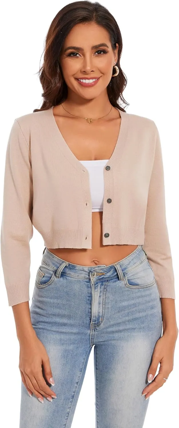 Women's Cropped Cardigan Sweater Crew Neck Button Down 3/4 Sleeve Soft Knit Bolero Shrugs