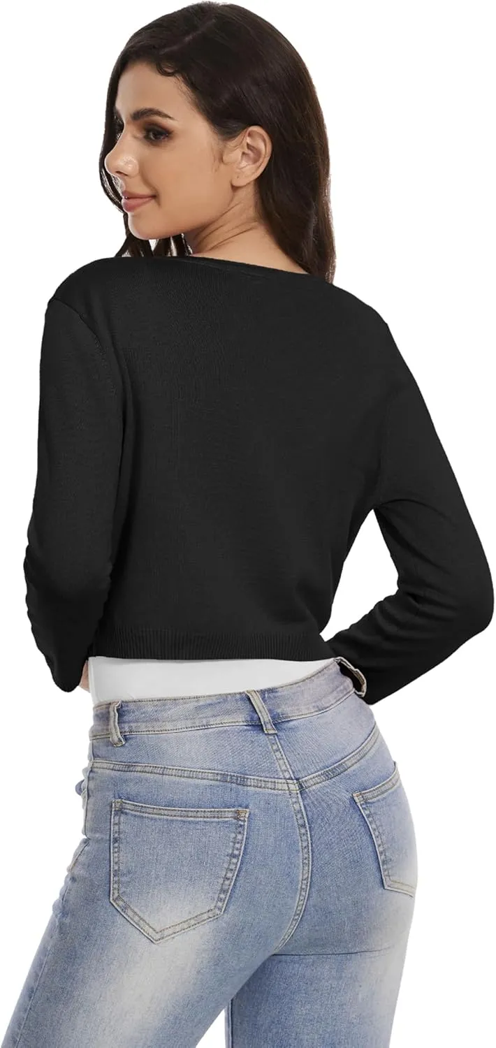 Women's Cropped Cardigan Sweater Crew Neck Button Down 3/4 Sleeve Soft Knit Bolero Shrugs