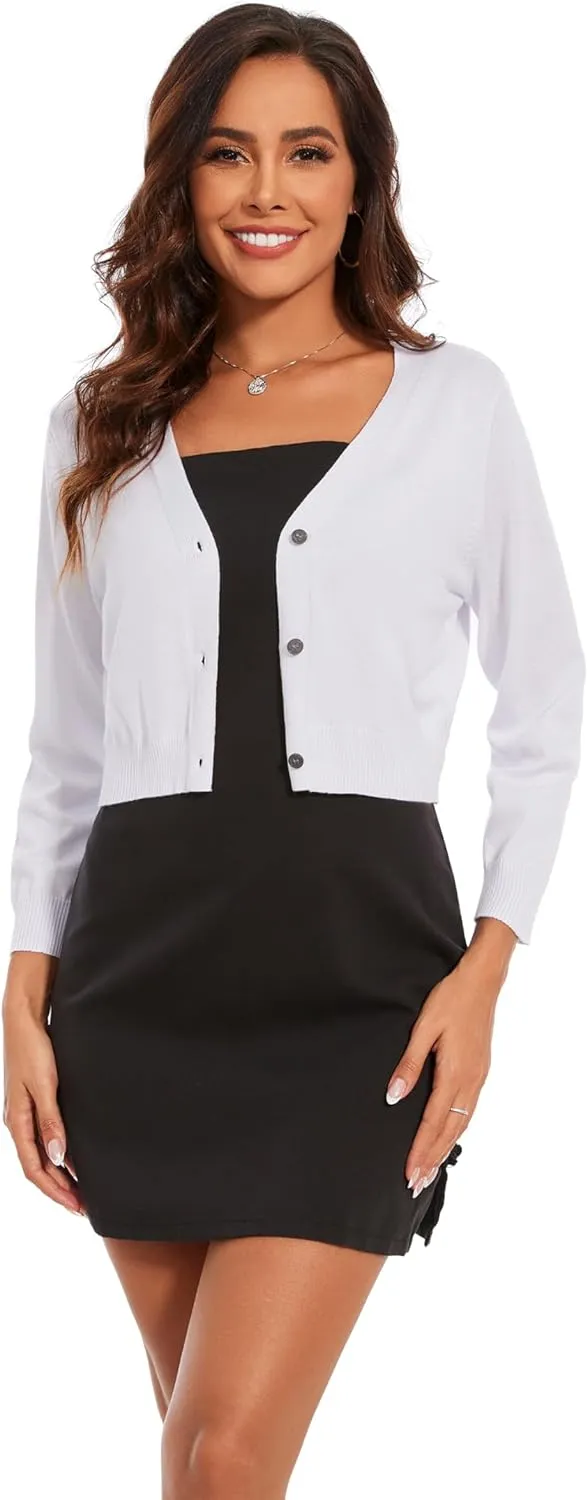 Women's Cropped Cardigan Sweater Crew Neck Button Down 3/4 Sleeve Soft Knit Bolero Shrugs