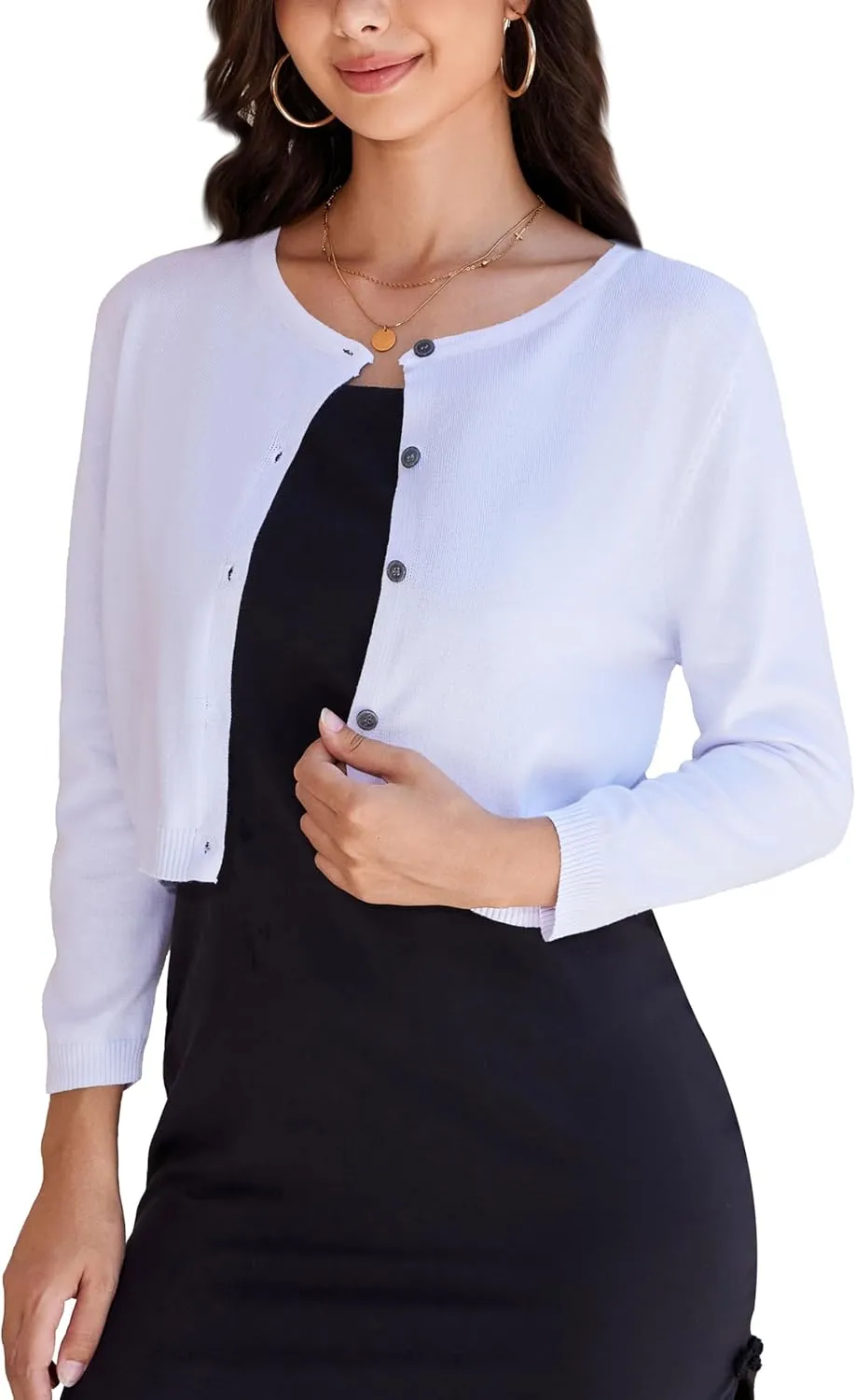 Women's Cropped Cardigan Sweater Crew Neck Button Down 3/4 Sleeve Soft Knit Bolero Shrugs