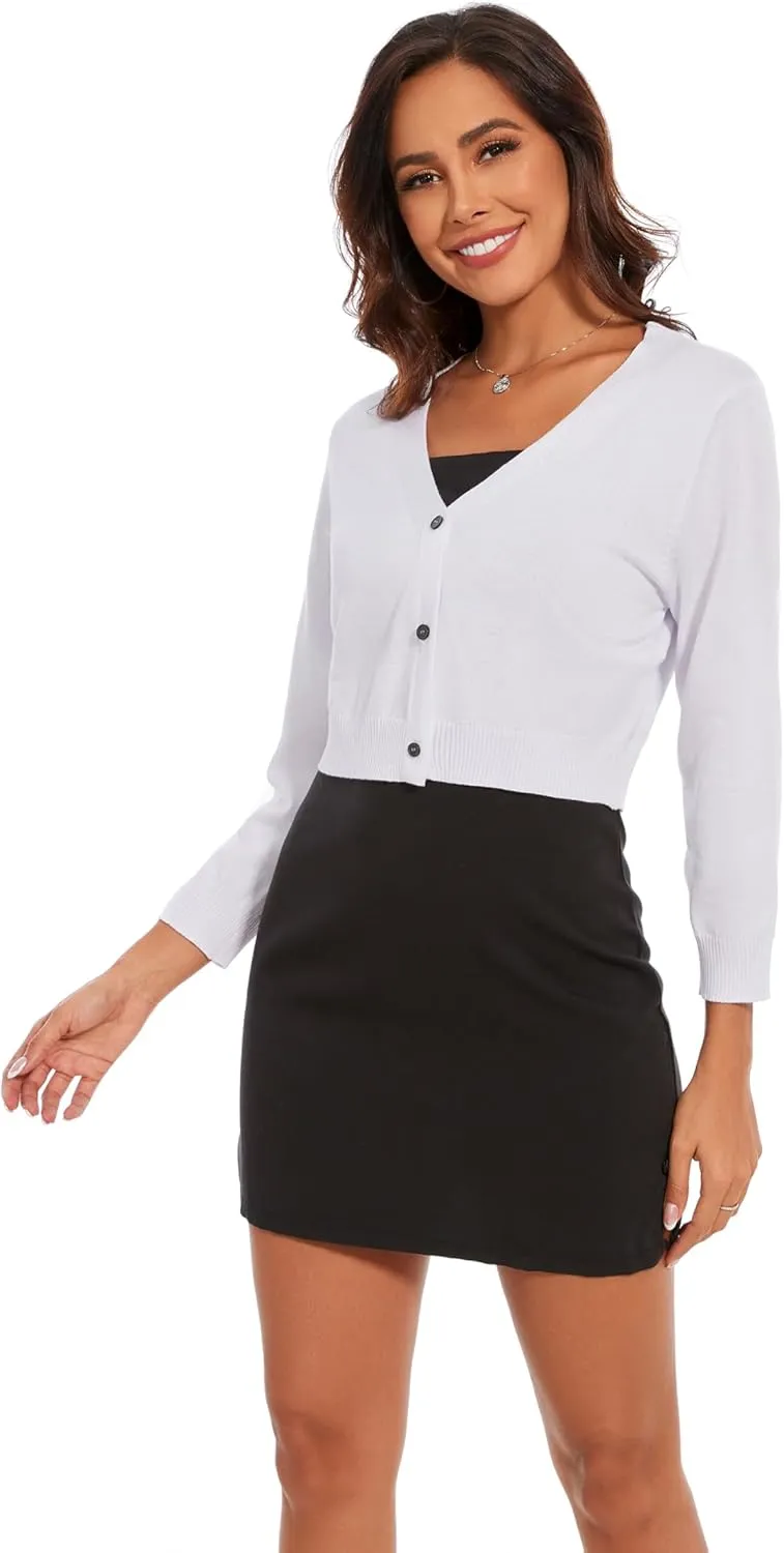 Women's Cropped Cardigan Sweater Crew Neck Button Down 3/4 Sleeve Soft Knit Bolero Shrugs
