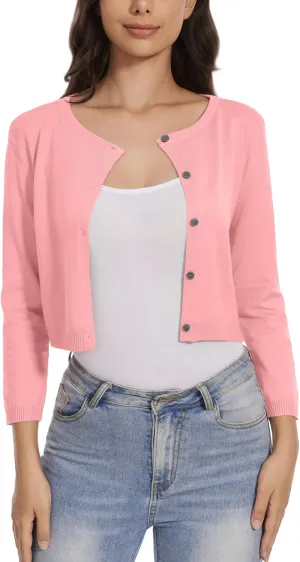 Women's Cropped Cardigan Sweater Crew Neck Button Down 3/4 Sleeve Soft Knit Bolero Shrugs