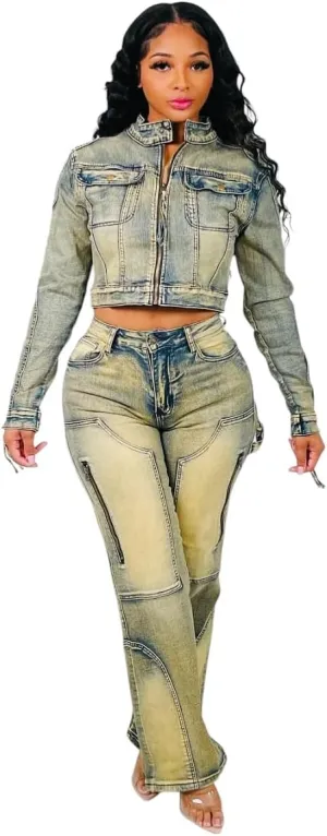 Women's Denim Two-Piece Set, Cropped Zip-Up Jacket and Wide Leg Jeans, Light Acid Wash