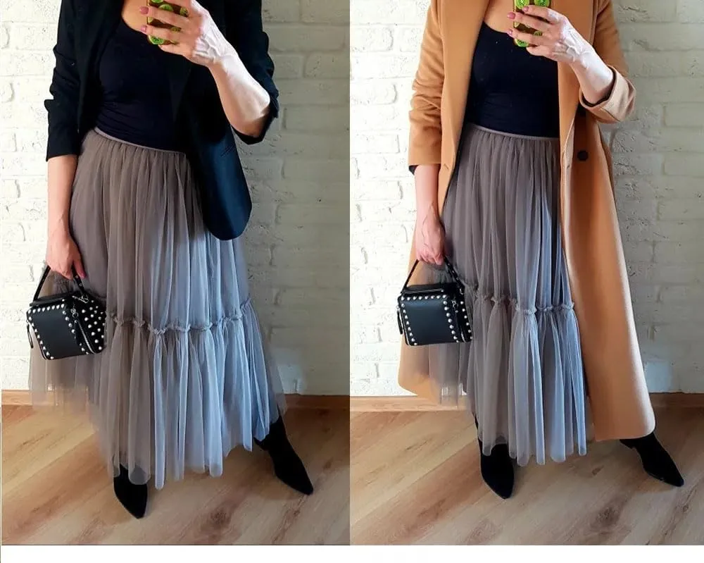 Womens Design Pleated Tulle Skirt Soft Mesh High Waist Maxi Long Skirts