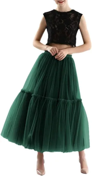 Womens Design Pleated Tulle Skirt Soft Mesh High Waist Maxi Long Skirts