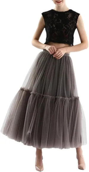 Womens Design Pleated Tulle Skirt Soft Mesh High Waist Maxi Long Skirts