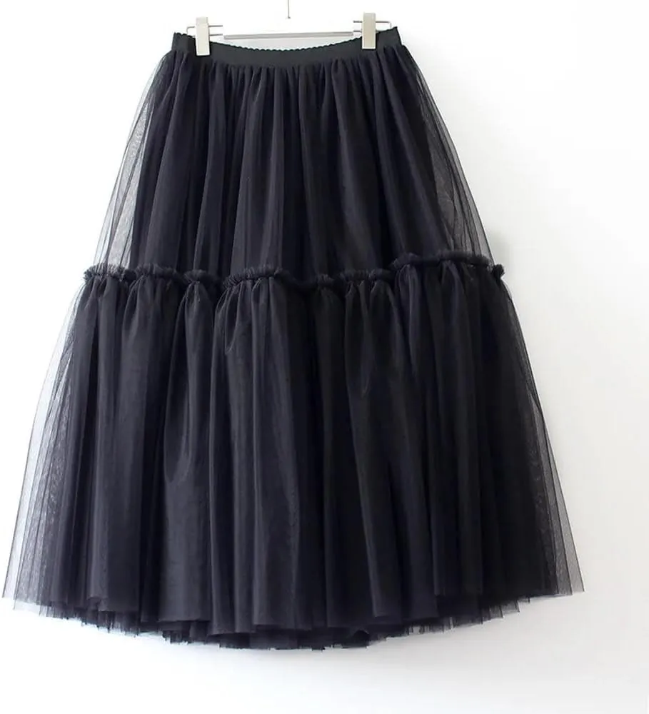 Womens Design Pleated Tulle Skirt Soft Mesh High Waist Maxi Long Skirts