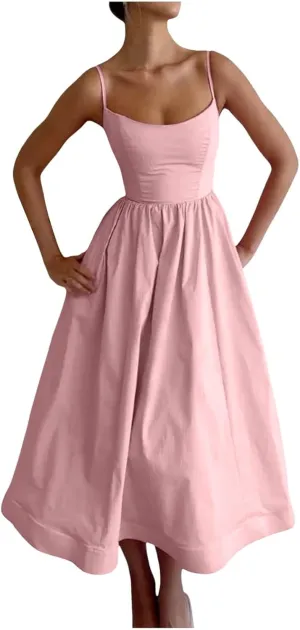 Womens Dress Elegant Spaghetti Strap Midi Dress Low Cut Pleated Hem Formal Dresses
