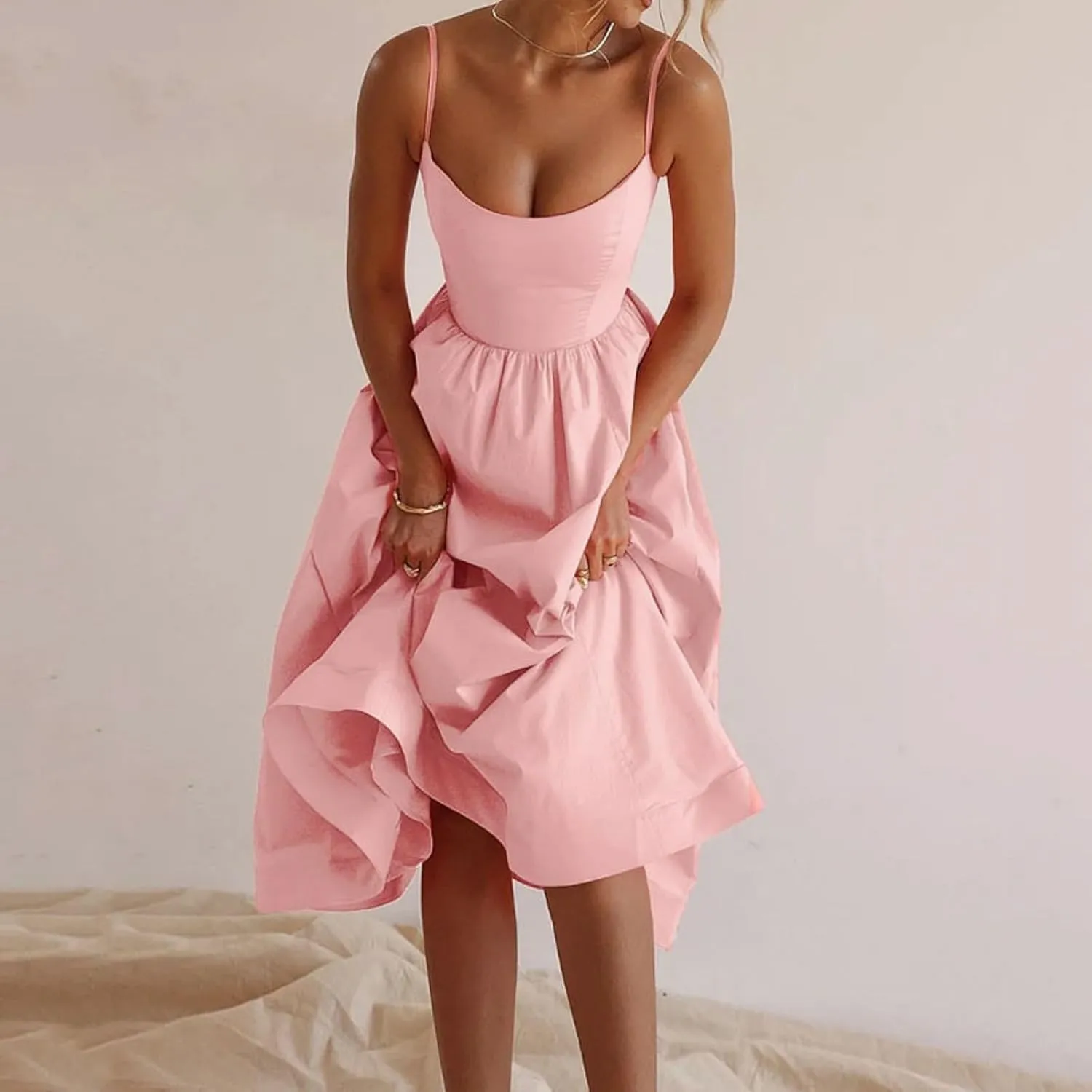 Womens Dress Elegant Spaghetti Strap Midi Dress Low Cut Pleated Hem Formal Dresses