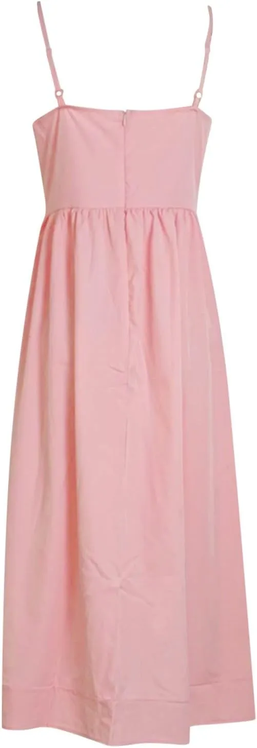Womens Dress Elegant Spaghetti Strap Midi Dress Low Cut Pleated Hem Formal Dresses