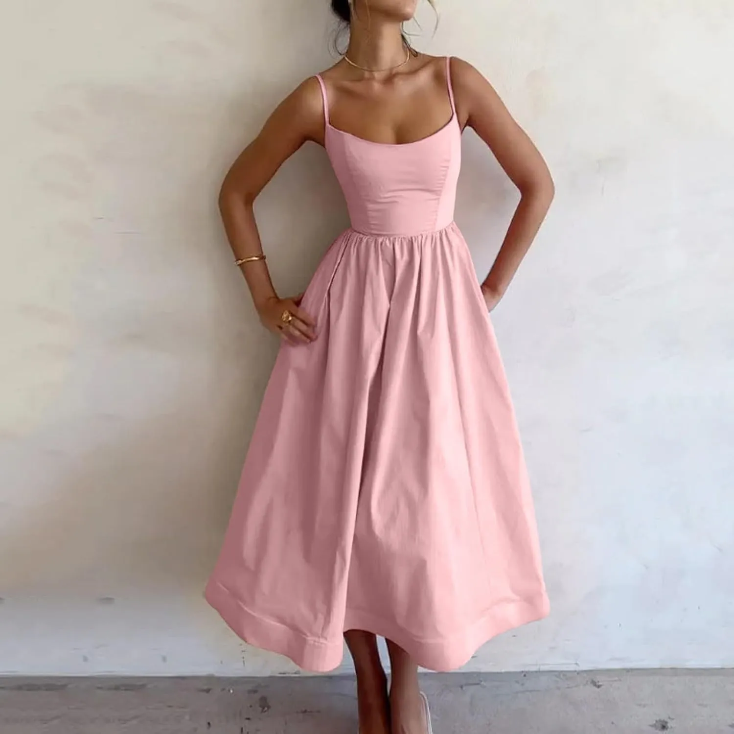 Womens Dress Elegant Spaghetti Strap Midi Dress Low Cut Pleated Hem Formal Dresses