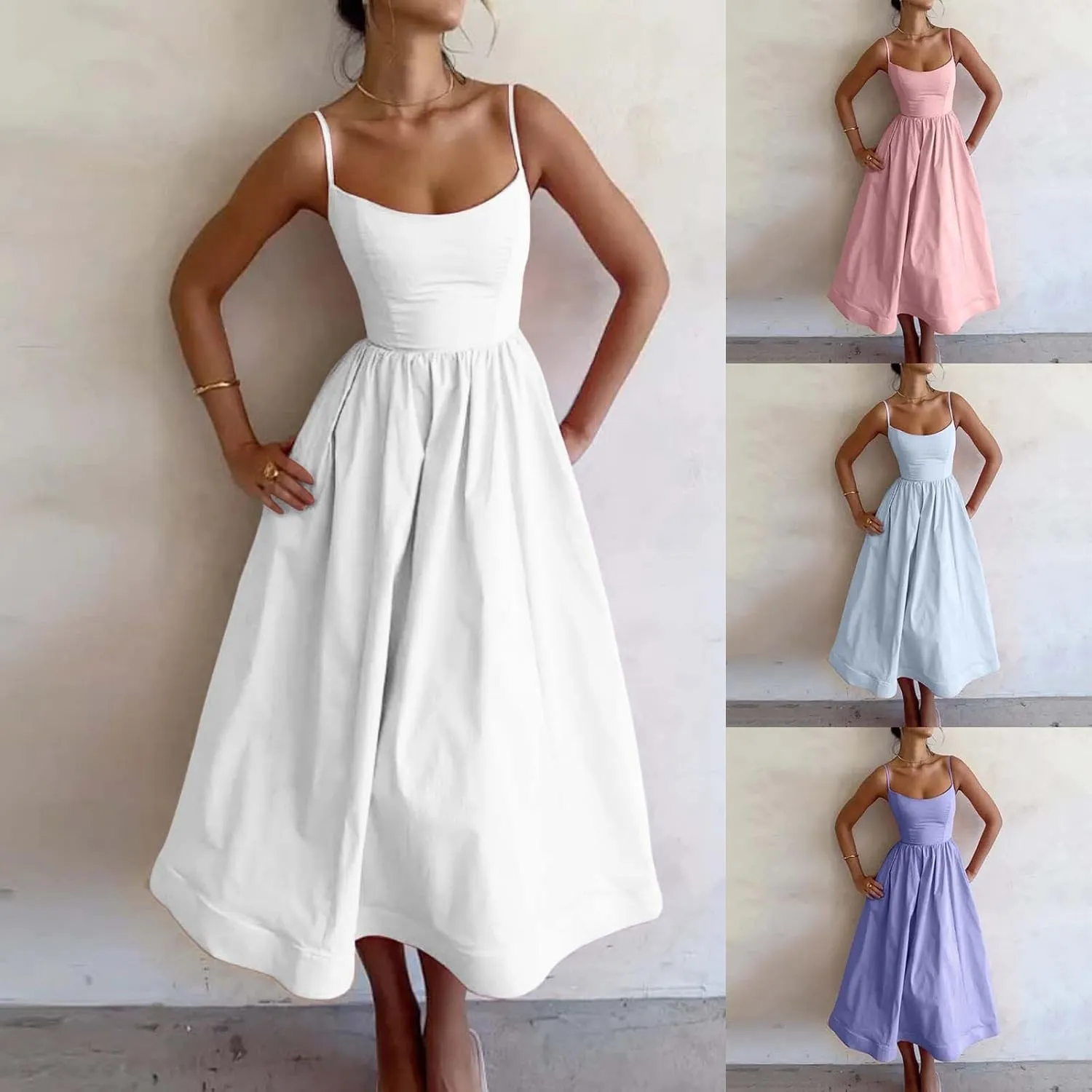 Womens Dress Elegant Spaghetti Strap Midi Dress Low Cut Pleated Hem Formal Dresses