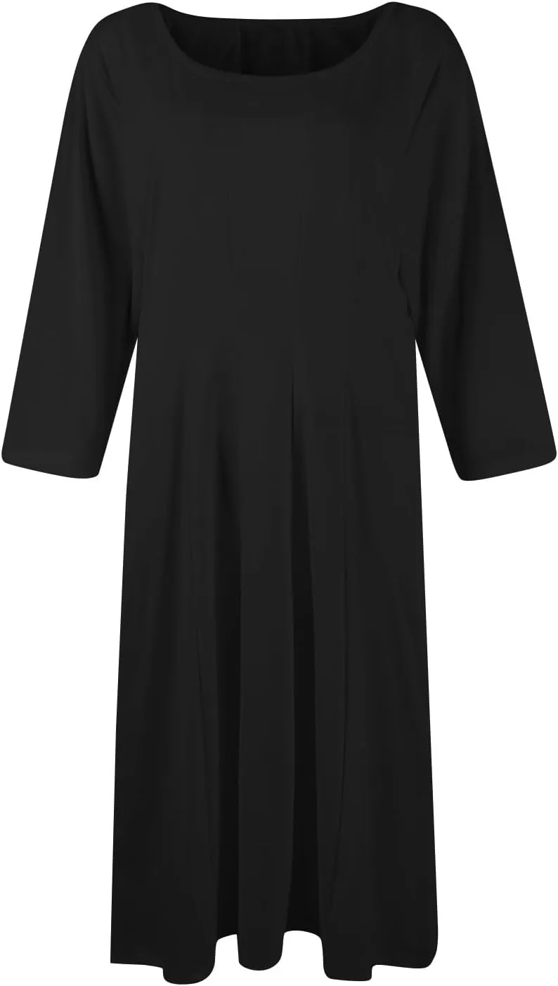Womens Dress Shirts Spring Midi Empire Waist Dress 3/4 Sleeve Pleated Dress Crew Neck Dresses A Line Dress with Pocket