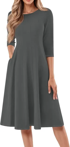 Womens Dress Shirts Spring Midi Empire Waist Dress 3/4 Sleeve Pleated Dress Crew Neck Dresses A Line Dress with Pocket
