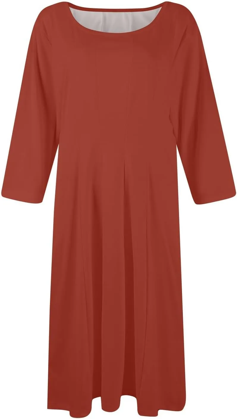 Womens Dress Shirts Spring Midi Empire Waist Dress 3/4 Sleeve Pleated Dress Crew Neck Dresses A Line Dress with Pocket