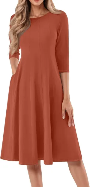 Womens Dress Shirts Spring Midi Empire Waist Dress 3/4 Sleeve Pleated Dress Crew Neck Dresses A Line Dress with Pocket