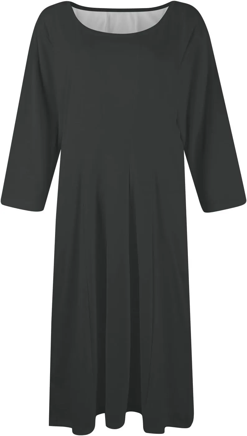 Womens Dress Shirts Spring Midi Empire Waist Dress 3/4 Sleeve Pleated Dress Crew Neck Dresses A Line Dress with Pocket