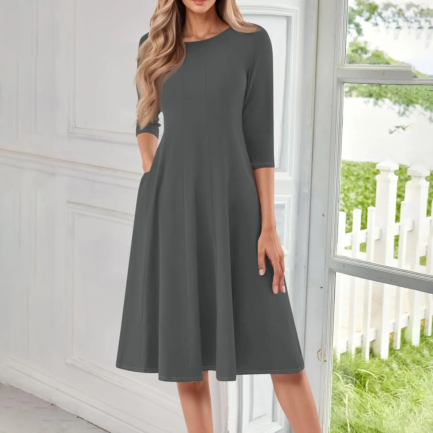 Womens Dress Shirts Spring Midi Empire Waist Dress 3/4 Sleeve Pleated Dress Crew Neck Dresses A Line Dress with Pocket