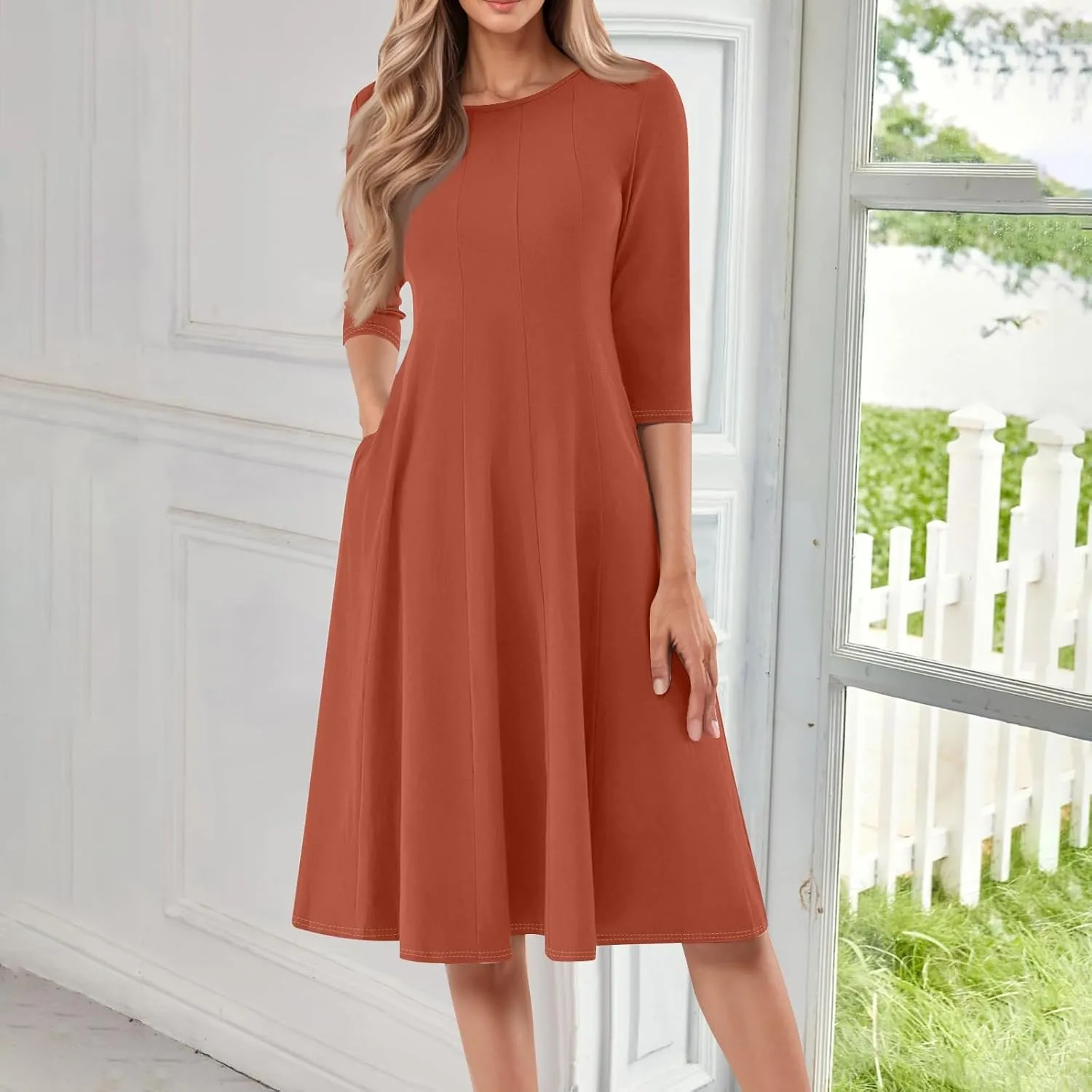 Womens Dress Shirts Spring Midi Empire Waist Dress 3/4 Sleeve Pleated Dress Crew Neck Dresses A Line Dress with Pocket