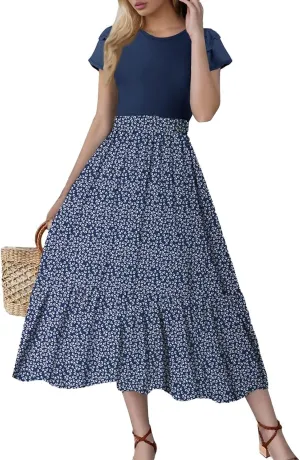 Womens Dresses for Wedding Guest 2025 Elegant Classy Empire Waist Short Sleeve A Line Dress Summer Work Wrap Sundress