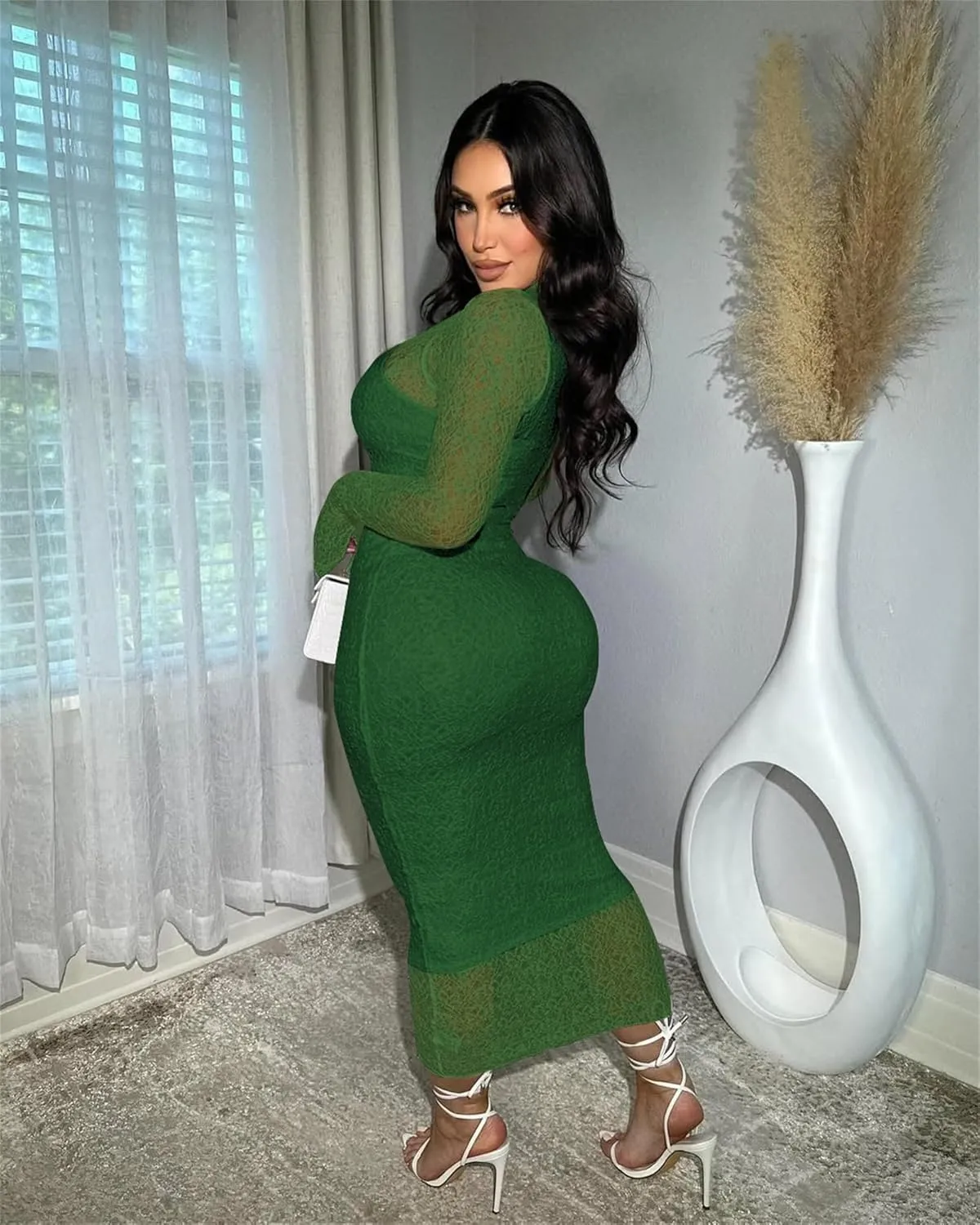 Women's Elegant Bodycon Midi Dress Lace Party Cocktail Wedding Guest Dress