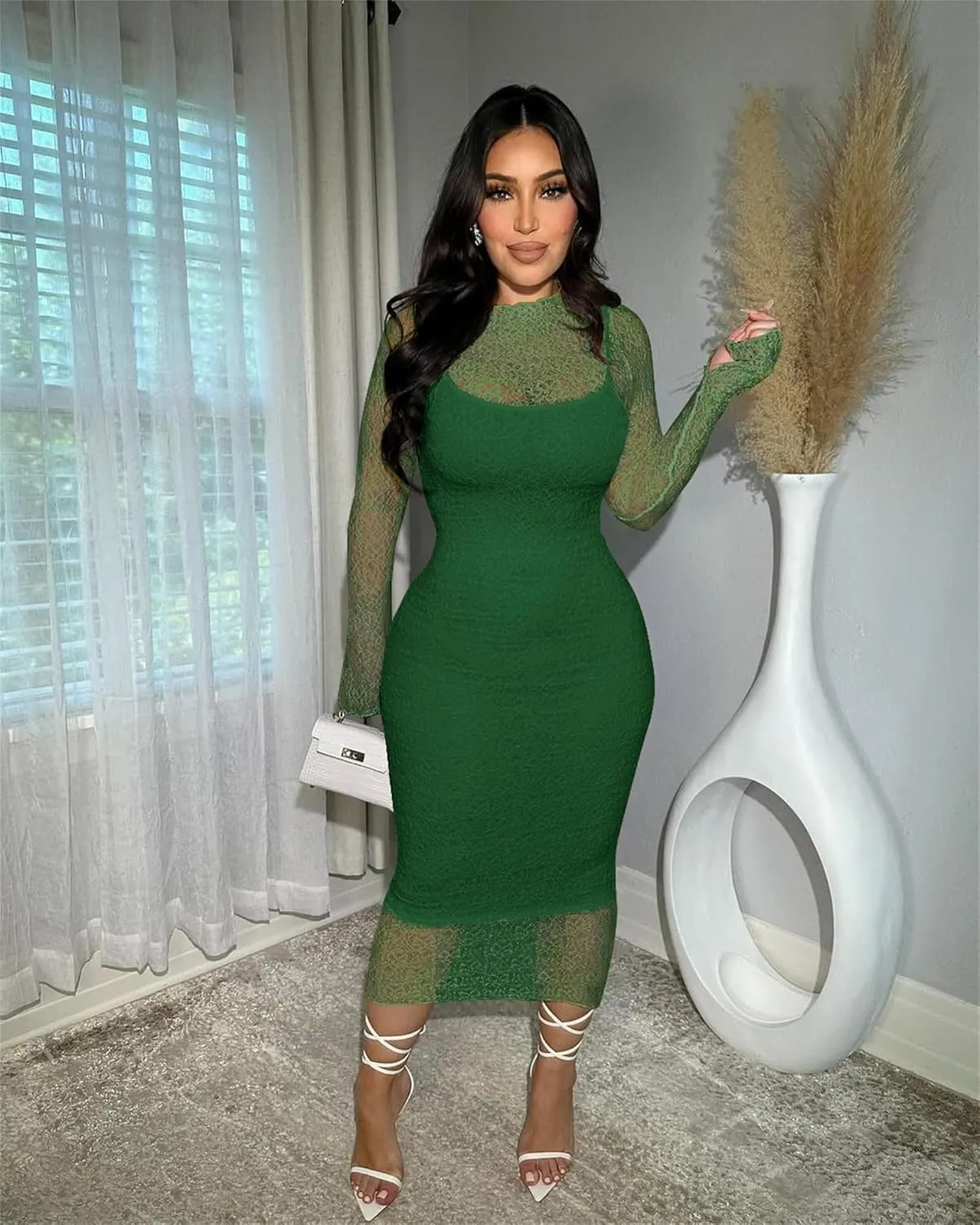 Women's Elegant Bodycon Midi Dress Lace Party Cocktail Wedding Guest Dress