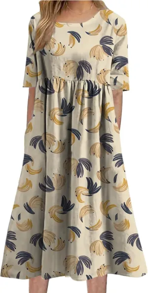 Womens Floral Maxi Dress Vintage Boho Stylish Floral Graphic Short Sleeve Summer Beach Sundress with Pockets