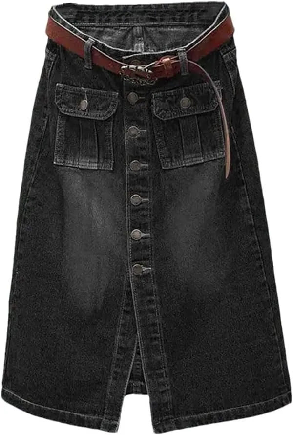 Women's Front Split Denim Sheath Skirts Button Jeans Skirt with Pocket Pencil Skirts