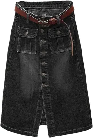 Women's Front Split Denim Sheath Skirts Button Jeans Skirt with Pocket Pencil Skirts