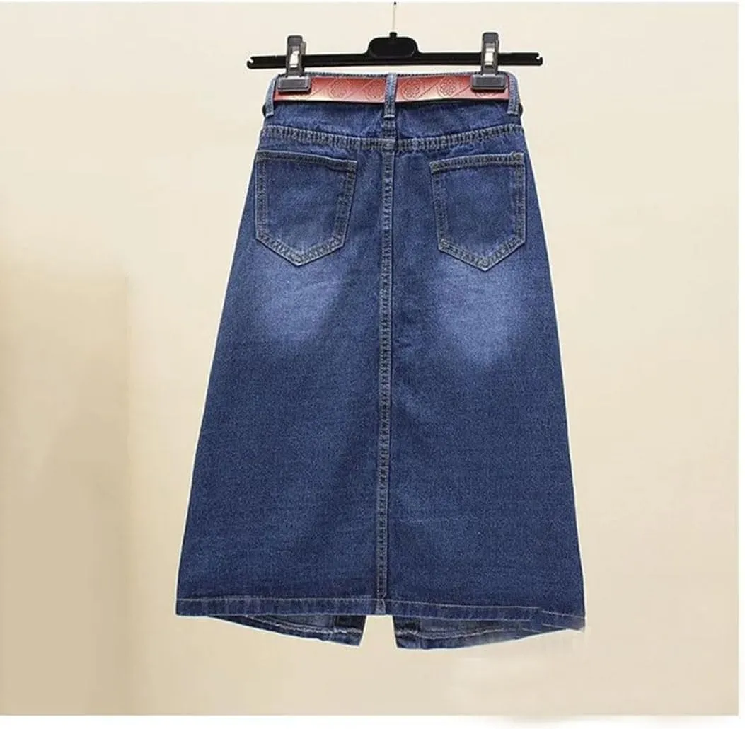 Women's Front Split Denim Sheath Skirts Button Jeans Skirt with Pocket Pencil Skirts