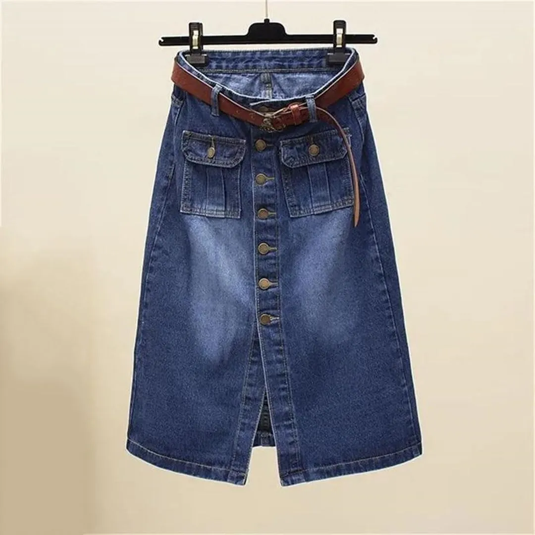 Women's Front Split Denim Sheath Skirts Button Jeans Skirt with Pocket Pencil Skirts