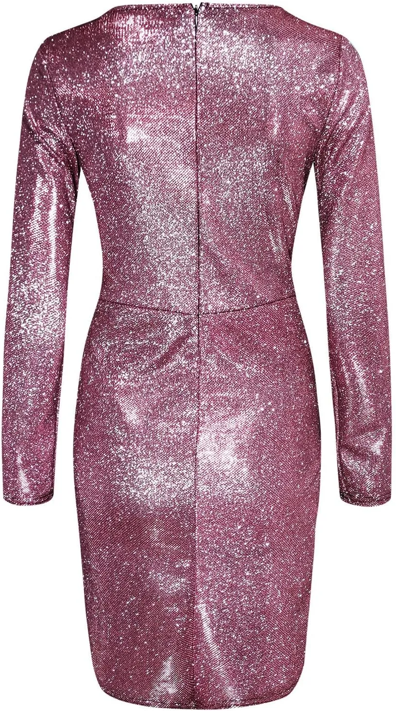 Womens Glitter Sequin Dress V Neck Party Cocktail Sparkly Mini Dress Clubwear Party Dress Bodycon Glitter Dresses Long Sleeve