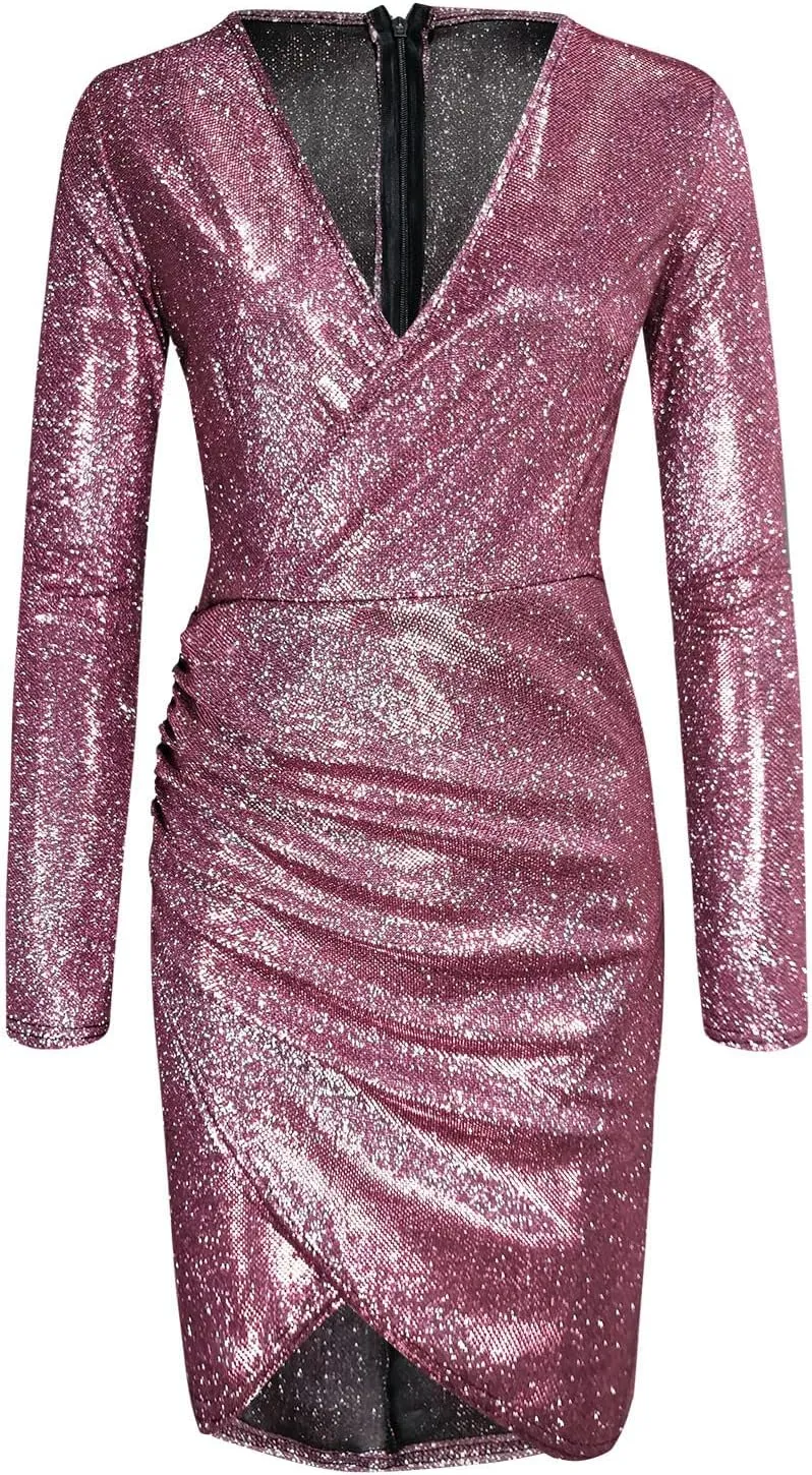 Womens Glitter Sequin Dress V Neck Party Cocktail Sparkly Mini Dress Clubwear Party Dress Bodycon Glitter Dresses Long Sleeve
