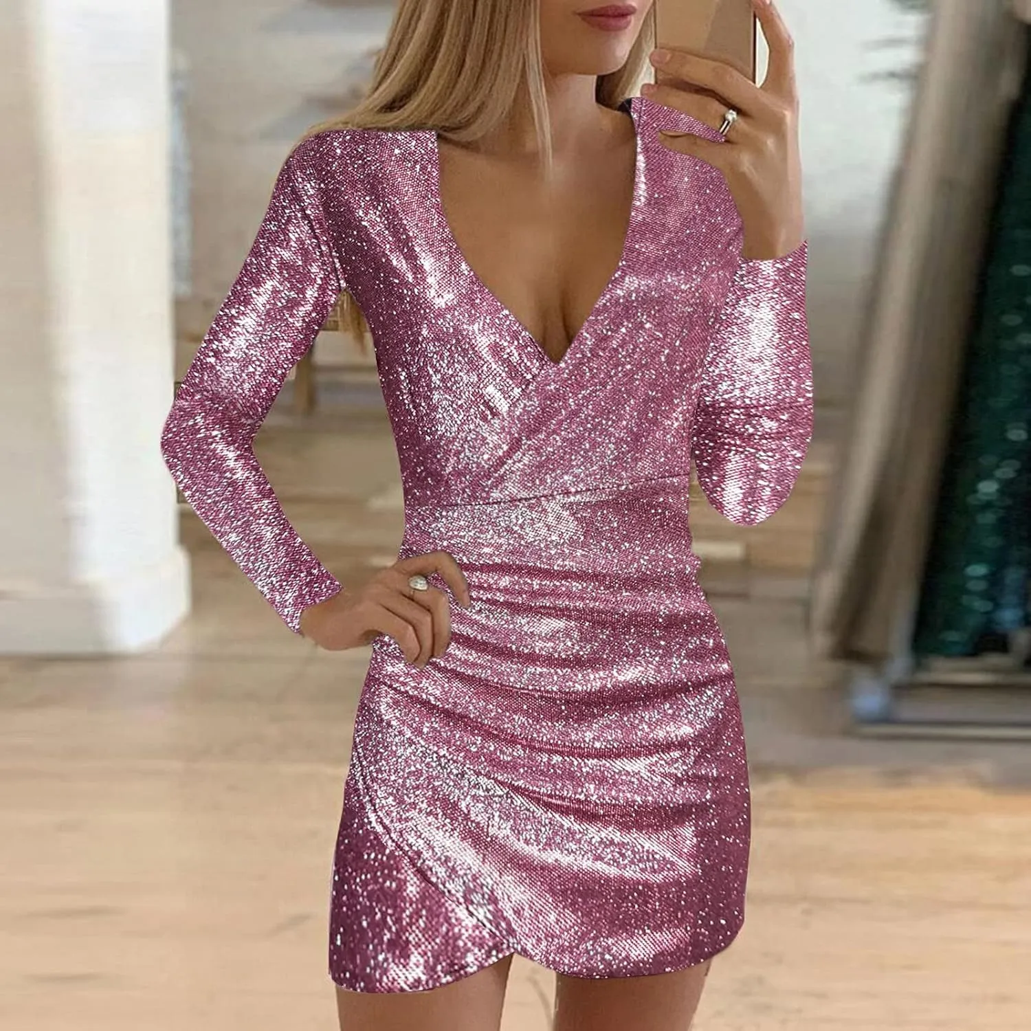 Womens Glitter Sequin Dress V Neck Party Cocktail Sparkly Mini Dress Clubwear Party Dress Bodycon Glitter Dresses Long Sleeve