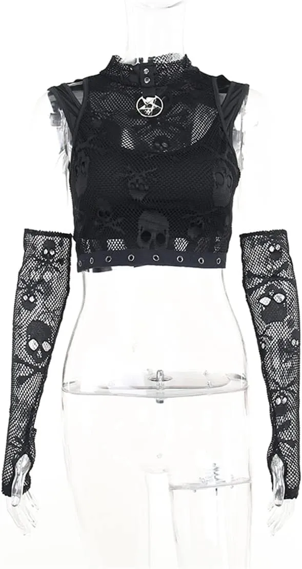 Womens Gothic Crop Top Goth Grunge Lace Tank Tops Punk Y2k Cami Alt Shirts Streetwear Casual Camisole