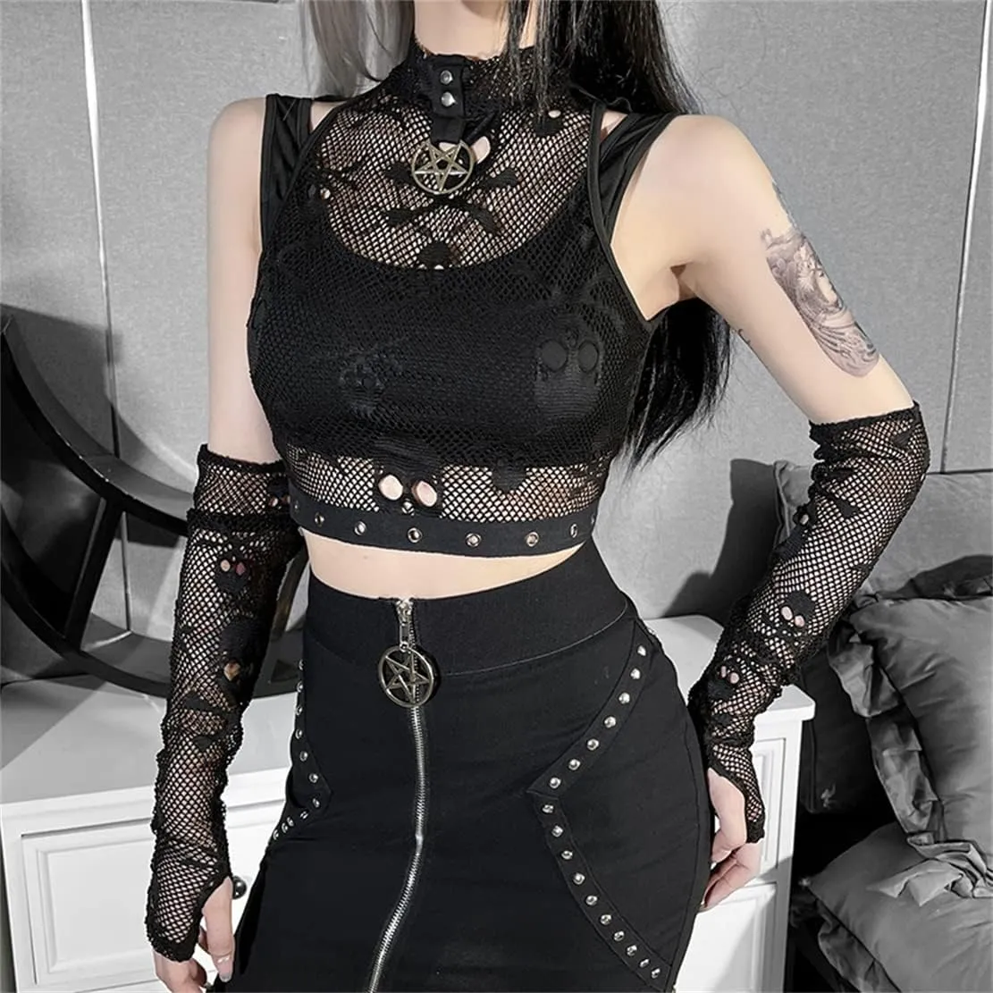 Womens Gothic Crop Top Goth Grunge Lace Tank Tops Punk Y2k Cami Alt Shirts Streetwear Casual Camisole