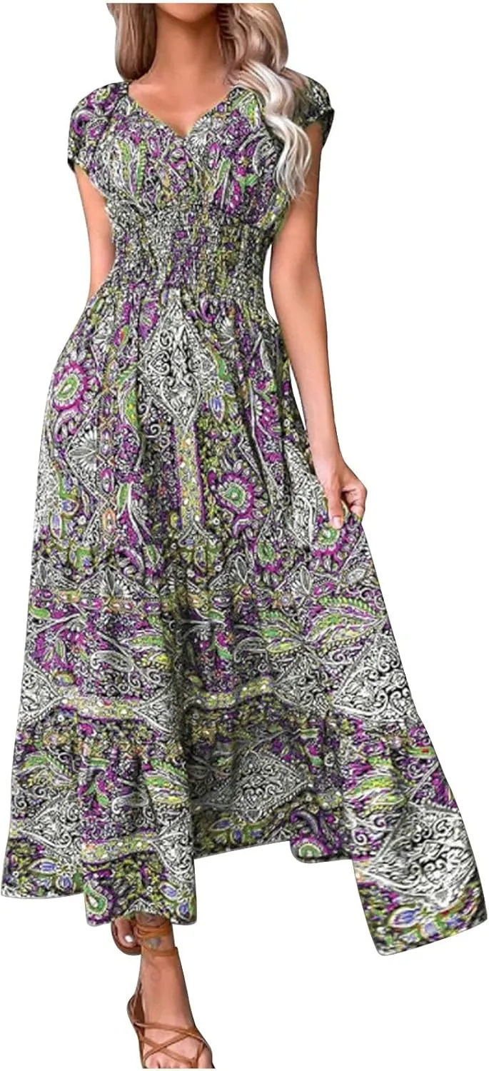 Women's Hawaiian Beach Maxi Dress Fashion Boho Print Dress Summer Casual Short Sleeve Dress Vacation Flowy Long Dress
