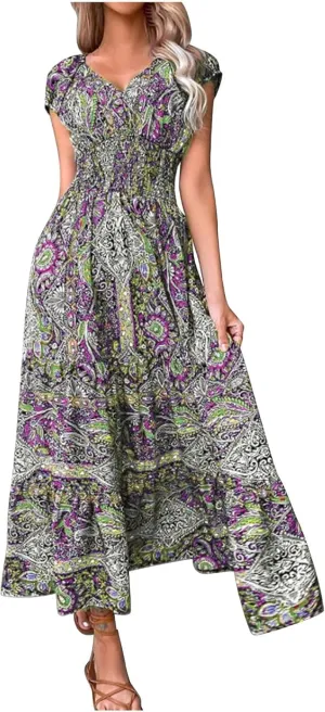 Women's Hawaiian Beach Maxi Dress Fashion Boho Print Dress Summer Casual Short Sleeve Dress Vacation Flowy Long Dress