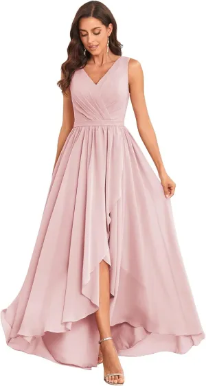 Women's High Low V Neck Bridesmaid Dresses Long with Slit Ruffle Pleated Chiffon Formal Dress